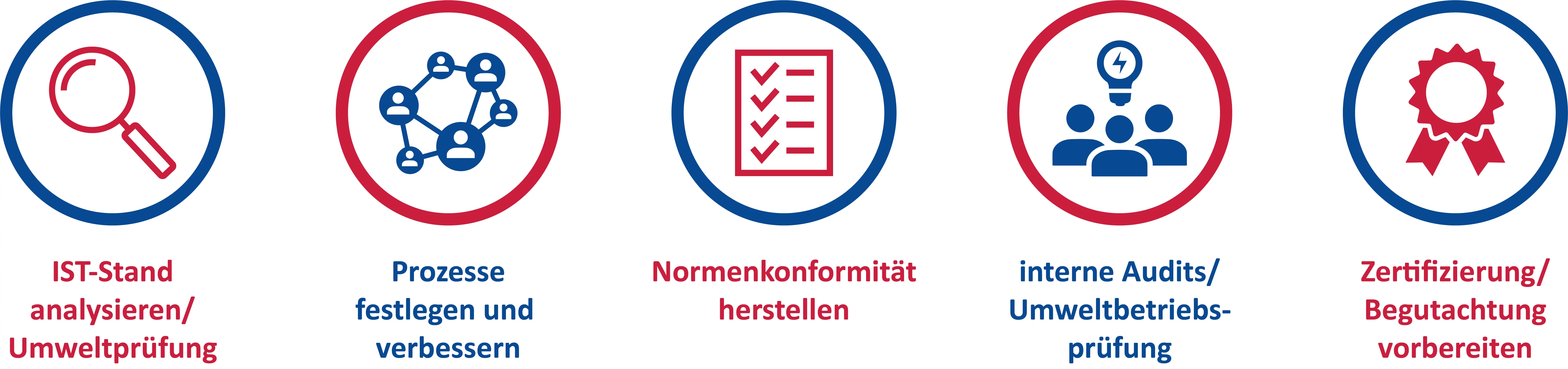 Grafik mit 5 Icons, die die Beratungsschritte zeigen. 1. Icon: Lupe steht für Ist-Zustandsanalyse/Umweltprüfung, 2. Icon: Netzwerk steht für Prozesse festlegen und verbessern, 3. Icon: Checkliste steht  