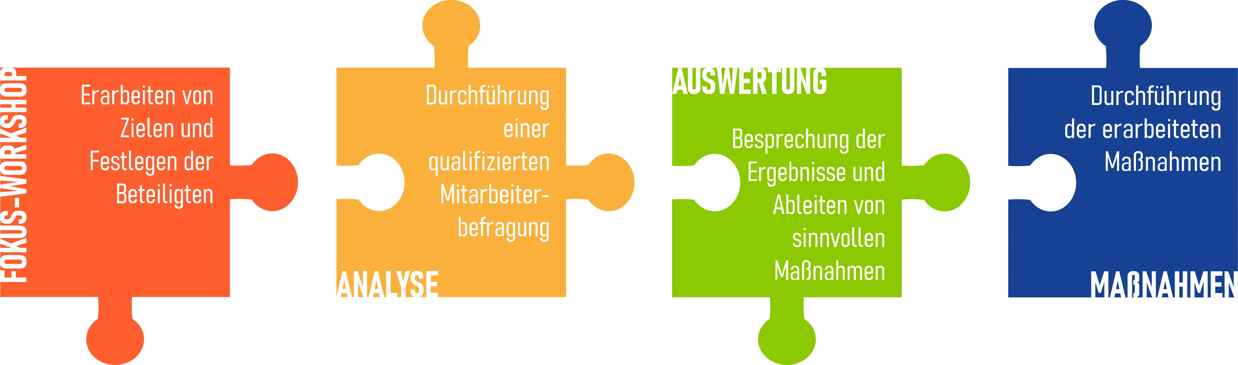4 Puzzle-Steine Gesamtkonzept Mental Health, Puzzle 1: "Fokus-Workshop", Erarbeiten von Zielen und  Festlegen der Beteiligten. Puzzle 2: "Analyse", Durchführen einer Mitarbeiterbefragung. Puzzle 3: "